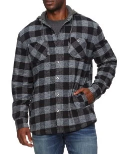 HARRELLS HOODED SHIRT JACKET -Style Vibe Shop COREOW509V SOUTHFIELD HOODED SHIRT JACKET BLACK CHARCOAL BOX PLAID 017 12003fc0 61d7 4767 9690 947e0b3e9400