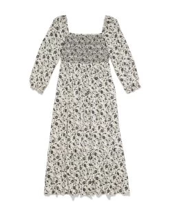 Style Vibe Shop -Style Vibe Shop FA23DR5099W WHITE NORA SS SMOCKED BODICE PANELED FLORAL MIDI DRESS WOMENS DRESSES 003