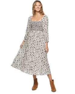 NORA FLORAL PRINT SMOCKED MIDI DRESS -Style Vibe Shop FA23DR5099W WHITE NORA SS SMOCKED BODICE PANELED FLORAL MIDI DRESS WOMENS DRESSES 005