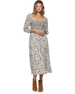 NORA FLORAL PRINT SMOCKED MIDI DRESS -Style Vibe Shop FA23DR5099W WHITE NORA SS SMOCKED BODICE PANELED FLORAL MIDI DRESS WOMENS DRESSES 055