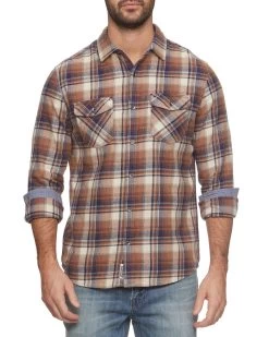 GALLANT FLANNEL SHIRT -Style Vibe Shop FA23WS1592 GALLANT LS VINTAGE WASH DOUBLE POCKET FLANNEL SHIRT TAN BROWN NAVY 593