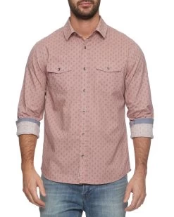 ALFRED LEAF PRINT VINTAGE WASHED SHIRT -Style Vibe Shop FA23WS1695 TOVEY LS VINTAGE WASH LEAF PRINT DOUBLE POCKET SHIRT MAUVE 917 1