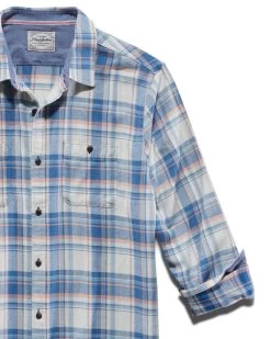 WELLINGTON VINTAGE WASHED SHIRT -Style Vibe Shop HO22WS854 WELLLINGTON LS VINTAGE WASH SHIRT BLUE CREAM CORAL 009