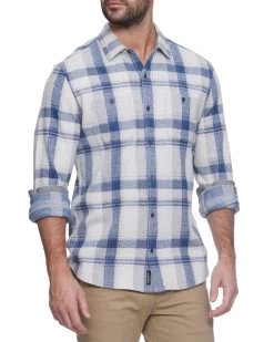 MADEFLEX PLAID HERO KNIT FLANNEL SHIRT -Style Vibe Shop M FA23WS1625 CORDOVA LS DOUBLE POCKET KNIT FLANNEL SHIRT CREAM BLUE 270