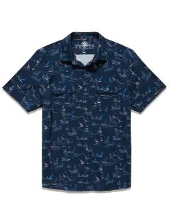 MADEFLEX SAILBOAT PRINT UPF PERFORMANCE SHIRT (FINAL SALE) -Style Vibe Shop M SM23WS1446 STEWART SS PERFORMANCE SAILBOAT AND FLAG PRINT SHIRT NAVY 003