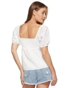 DOLLY EYELET TOP 22 DOLLY EYELET TOP -Style Vibe Shop SM23BL4051W WHT ALEXANDRIA SS SMOCKED BACK PEASANT TOP 046