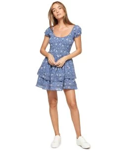 MAE TIERED MINI DRESS -Style Vibe Shop SM23DR5103W DENIM ELVERTA SS SMOCKED BODICE RUFFLED MINI DRESS 002