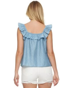 ELLISVILLE RUFFLE NECK SLEEVELESS CHAMBRAY TOP (FINAL SALE) -Style Vibe Shop SP23BL4016W ELLISVILLE SLEEVELESS RUFFLE BLOUSE BLUE 004