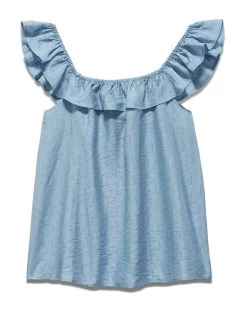 ELLISVILLE RUFFLE NECK SLEEVELESS CHAMBRAY TOP (FINAL SALE) -Style Vibe Shop SP23BL4016W ELLISVILLE SLEEVELESS RUFFLE TOP BLUE 003