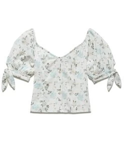 CARY FLORAL PUFF SLEEVE BUTTON-FRONT TOP (FINAL SALE) -Style Vibe Shop SP23BL4023W CARY PUFF SLEEVE BUTTON FRONT TOP WHITE AQUA GREEN 004