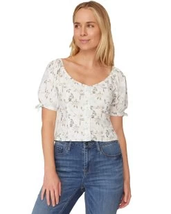 CARY FLORAL PUFF SLEEVE BUTTON-FRONT TOP (FINAL SALE) -Style Vibe Shop SP23BL4023W NORRIDGE SS BUTTONED FLORAL BLOUSE WHITE AQUA GREEN 013 1