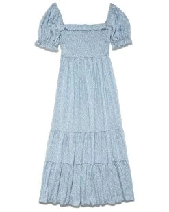 DOLORES FLORAL SMOCKED PUFF SLEEVE MAXI DRESS -Style Vibe Shop SP23DR5005W DOLORES PUFF SLEEVE SMOCKED FLORAL MAXI DRESS BLUE WHITE 009