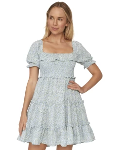 ELMIRA FLORAL SMOCKED PUFF SLEEVE MINI DRESS -Style Vibe Shop SP23DR5013W EARLVILLE SS PANELED FLORAL MIDI DRESS BLUE GREEN WHITE 025 1