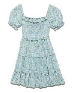 ELMIRA FLORAL SMOCKED PUFF SLEEVE MINI DRESS -Style Vibe Shop SP23DR5013W ELMIRA PUFF SLEEVE SMOCKED FLORAL MINI DRESS BLUE GREEN WHITE 008
