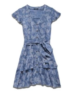 MYSTIC PAISLEY FLUTTER SLEEVE MINI WRAP DRESS -Style Vibe Shop SP23DR5045W MYSTIC FLUTTER SLEEVE PAISLEY WRAP MINI DRESS BLUE WHITE 008