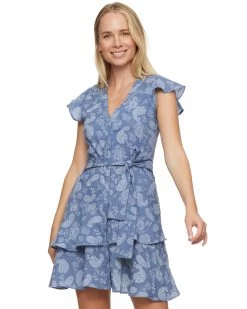 MYSTIC PAISLEY FLUTTER SLEEVE MINI WRAP DRESS -Style Vibe Shop SP23DR5045W NEWARK SS PAISLEY WRAP DRESS BLUE WHITE 009
